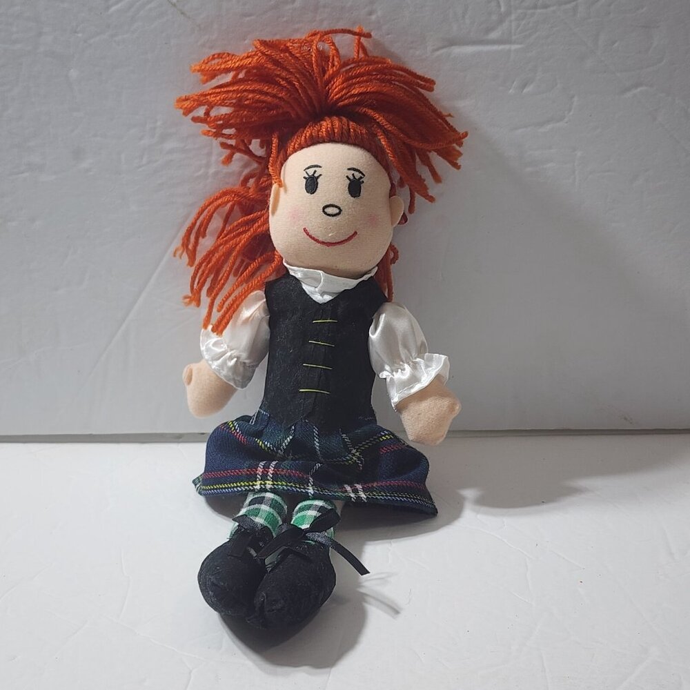 Allied Scottish Tartan Skirt Green Plaid Socks Red Yarn Hair Plush Doll 13"